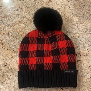 London Fog Women’s Red and Black, Pom Pom and lined winter hat